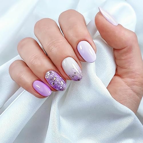 MrCuvaryas 24 pcs Almond Press on Nails Short Nägel Zum Aufkleben Mittel Lila Glitzer French Kunstnägel Press on Nails mit Silber Pailletten Design Full Cover Acryl Künstliche Fingernägel für Frauen