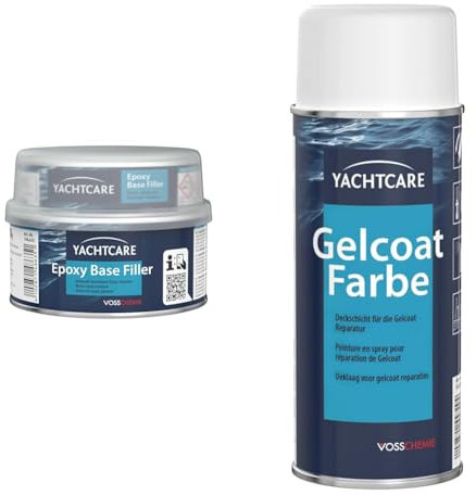 Yachtcare Unisex Base Filler Epoxyspachtel, hellgrau, 500g EU & Gelcoat Farbe 400ML RAL 9010 - Glänzende Endversiegelung zum Sprühen für Gelcoat & GFK