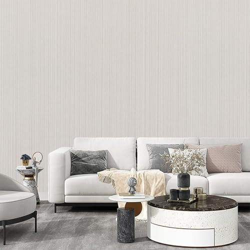 Beswitory Striped Wallpaper - Modern 3D Embossed Beige White Mix Plain Thick Textured Wallpaper for Bedroom, Living Room, Hallway