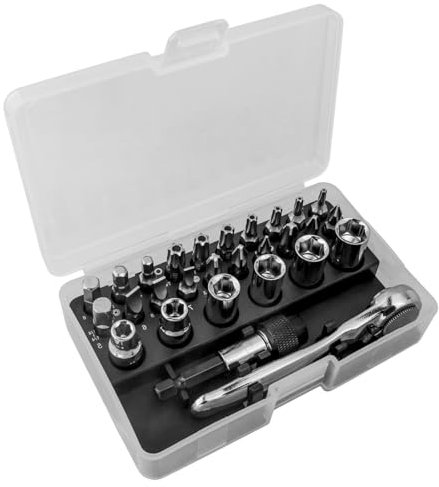 Treki 28Pcs Mini Screwdriver Bit and Socket Set, 1/4 Screwdriver Drive Socket Ratchet Set with 72 Tooth Right Angle Ratchet Wrench and Extension Bar for Tight Spaces