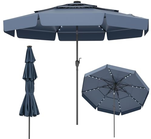 COSTWAY 3M 3-Tier Garden Parasol, Heavy Duty 8-Ribs Solar Patio Umbrella with 32 LED Lights, Crank Handle & Tilt Function, Outdoor UV Protective Canopy Sun Shade (Navy, with Ruffled Edge)