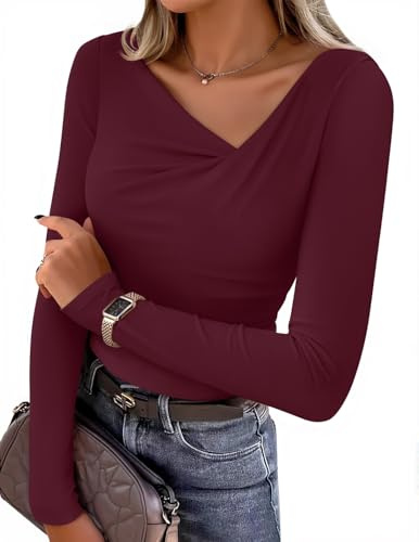 ZESICA Women's Long Sleeve Asymmetrical Neck Ruched Slim Fit Shirts 2026 Fall Fashion Tops Business Casual Blouses, Wine Red, L