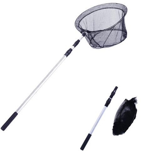 Kescher Angeln Teleskop Kescher 150cm, Fischernetz Klappbar Kompakt Angel Kescher Teich Karpfenkescher, Outdoor Angelzubehör Angeln Kescher für Erwachsene (RundKopf/Schwarz)