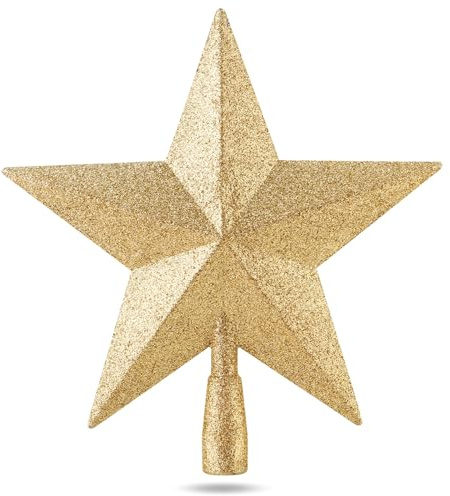 Estrella dorada para la punta del árbol de Navidad, adorno de estrella completa en oro para la copa del árbol de Navidad (Estrella-Totalmente-Oro)