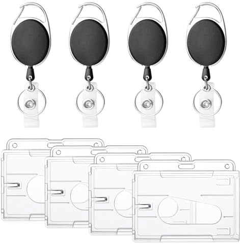 4 Piezas Llavero Retráctil con Clip, Llavero Extensible Retractil 34 mm x 108 mm, Carrete con Cordón de Nylon Extensible para Tarjetas de Identificación, Llaves, Insignias y Objetos de Uso Diario