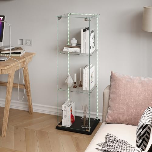 HYNHXBP vitrinas, vitrinas de cristal, armarios de almacenamiento verticales de cristal, adecuados para salones, dormitorios, oficinas (negro + tira LED, 1 puerta, 3 plantas, 123 x 40 x 35 cm)