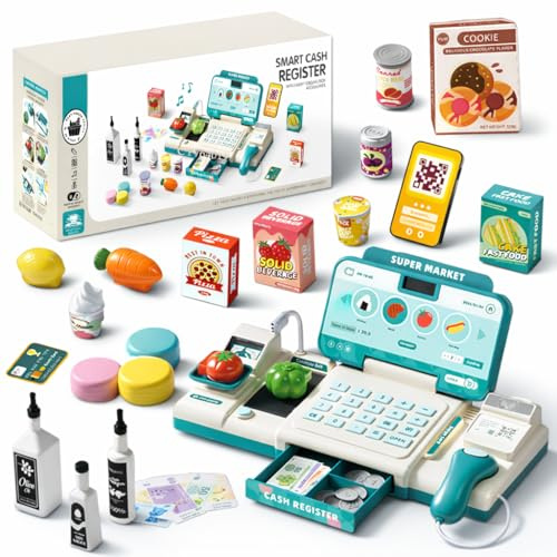Toyana Toy Till Cash Register with Scanner, 49 PCs Kids Shopping Play Set, Electronic Light-Up Display Toy Shop with Play Money & Food Accessories, Educational Gift for Children 3+ Years