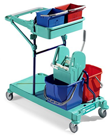 TTS 0B003400 Green 400 Carrello per la Pulizia, Due Secchi da 15 Litri e Strizzatore, Due Secchi da 6 Litri e Una Vaschetta Portaoggetti, Portasacco da 120 Litri