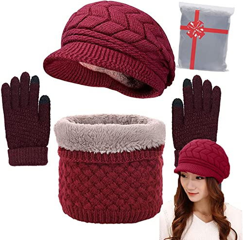 CheChury Gorro Bufanda de punto Guantes Mujer Invierno Conjunto de Bufanda Gorro de Punto Set de Bufanda y Gorro Cuello Suave y Cálida Caliente Guantes de Pantalla Táctil Moda Regalos