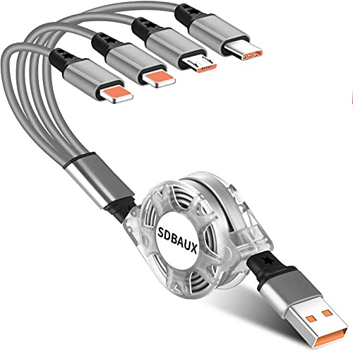 SDBAUX 3A multiladdningskabel, 4-i-1 infällbar USB snabbladdning med iP Micro USB typ C-port blysladd, kompatibla mobiltelefoner, surfplattor, Galaxy, Google Pixel, LG, Nexus, PS5 (4 in 1)