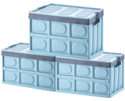 Phyllia Foldable Storage Boxes with Lidsz, 3 Pack Collapsible Plastic Storage Bins Organizer Containers Baskets Cub with Cover,Stackable Utility Crates Storage Box (Blue, 30L)