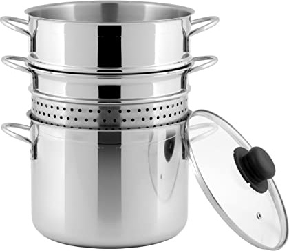 INOXPRAN 540629, Cuocipasta Inoxpasta in Acciaio Inossidabile, Cestello a Vapore con Coperchio in Vetro da 22 cm, Pentola e Scolapasta Insieme, Utilizzabile nel Gas, Piastra Elettrica e Vetro Ceramica