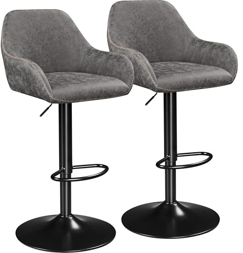 Yaheetech Bar Stools Set of 2, Height Adjustable Swivel Barstools, PU Leather Upholstered Bar Chair with Backrest, Armrests and Footrest for Home Kitchen, Grey