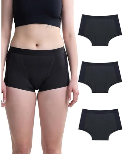 Neione Women Period Underwear Heavy Flow Cotton High-Waisted Sleep Boyshort Menstrual Panties Holds 5 Tampons Boxer Briefs 3 Pack Black M