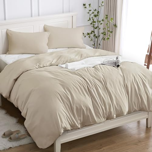 Cotopuro Copripiumino Matrimoniale 100% Cotone 240x220 (2 Federe 50x80), Set Copripiumino in Premium Cotone 150GSM OEKO-TEX, Morbida, Traspirante, Ipoallergenica - Beige