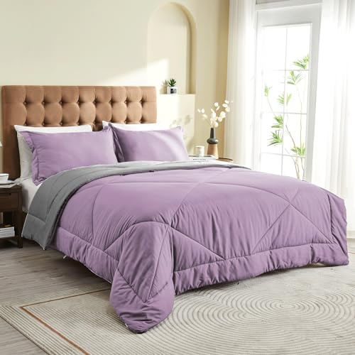 beeweed Edredón Reversible 200 x 200 cm para Cama 105/120, Verano Ligero, Relleno 200 gr/m², Microfibra, Púrpura/Gris