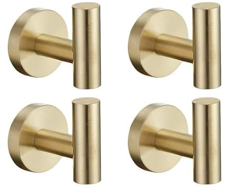 IUSOT Lot de 4 crochet muraux robustes en acier inoxydable, vis et crochets en laiton brossé, accessoires de salle de bain dorés