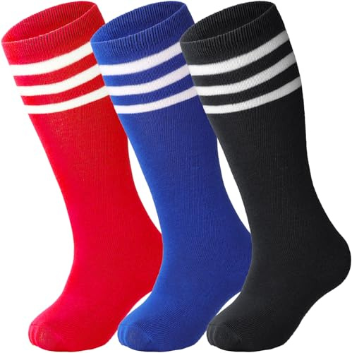 DRESHOW 3 Paires de Chaussettes de Foot Hautes Rayées en Coton de Sport pour Enfants, Garçons et Filles de 1 à 10 Ans