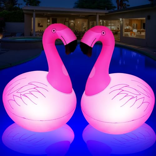 DeeprBling Flamingo Pool Lichter Schwimmend, Aufblasbare Flamingo Schwimmende, LED Flamingo Schwimmlichter, IP68 Wasserdicht Schwimmende Flamingo Lichter für Pool, Teich - 2 Stück
