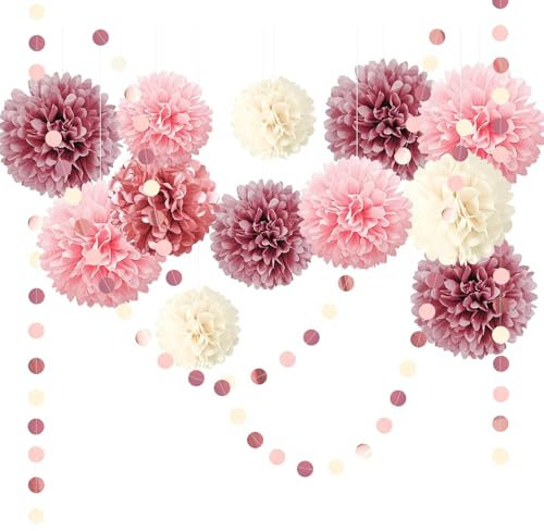 ROEOWENE 15PCS Pompons Papier de Soie Lanterne en Papier à Suspendre Boule Fleur Pompon Papier Guirlande de Pompons Anniversaire Décorations pour Suspendre de Plafond de Fête,Mariage-Poudre Violette