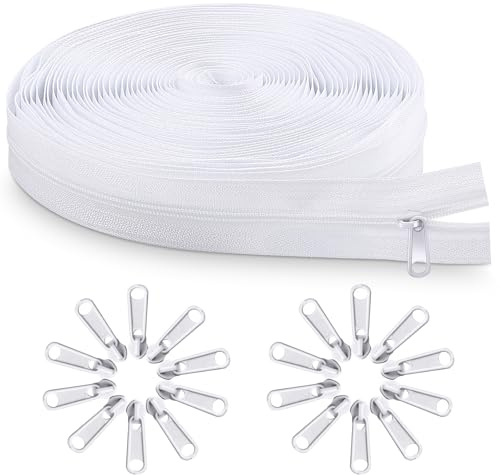 Tatxmalv 5 mm × 10m Nylon Fermeture Éclair, 20 Métalliques Curseurs, Fermeture à Glissière Sans Fin Universelle Noire Fermeture Éclair pour Vêtements, Vestes, Couture Artisanat (Blanc)