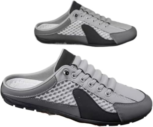 Backless Tennis Shoes for Men Wide Mule Sneakers Slip on House Slippers Platform Lace Up Mesh Breathable Lightweight Casual Walking Slides Office Business Casual Sport Shoes Running Travel Driving (10,Grey)