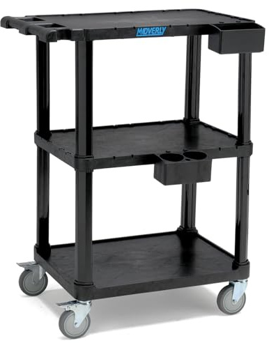 MOVERLY Heavy Duty Utility Cart, 27.5 x 18.25 Inch, 3-Tier Rolling Cart with Flat Top Shelves, 330 lbs Capacity, Industrial Plastic, Swivel Wheels – Multipurpose Use