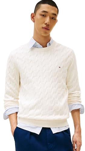 Tommy Hilfiger Men's Cable Knit Crewneck Sweater Lightweight Pullover, Ivory Petal, M