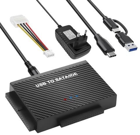 Pixelure IDE USB Adapter,6Gbps USB3.1 zu IDE/SATA Festplatte Adapter Für 2,5/3,5 Zoll HDD/SSD Festplatte-Adapter Konverter SATA UsbAdapter Für Windows11/10/8/7 Mit 12V/2A Netzteil,SATAKabel,USB-Kabel