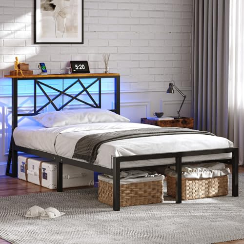 DICTAC 3ft Single Bed with LED lights, Single Bed Frame with Charging Station, Modern Metal 90x190cm Single Bed with led Storage Headboard, No Box Spring Needed, Noise Free, Easy Assembly