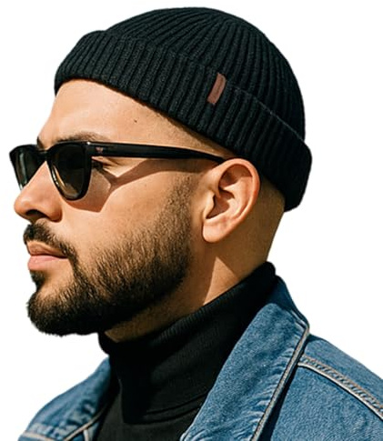 Comhats Fischer Mütze Herren Wollmütze Kurz Docker Haube Trawler Fisherman Beanie Hat Damen Merino Wolle Strick Winter Cap Großer Kopf Ski XL/XLL Schwarz