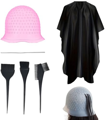 Strähnchenhaube Set, 6-teiliges Haarfärbe Set Mit Silikon Strähnchenhaube, 3 Pinseln, Friseurumhang Und Nadel, Ideal Für DIY Strähnchen Und Haarfärbung Zu Hause Oder Im Salon