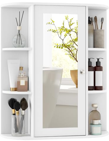 COSTWAY Bathroom Mirror Cabinet, Single Door Wall Mounted Storage Cupboard with Fixed/Adjustable Shelves, Home Office Living Room Display Organiser Unit (White, 59 x 17 x 70cm)