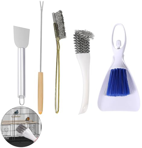 shirylzee 5 Pcs Bird Cage Cleaner Set, Stainless Steel Poop Remover Cleaning Brush, Droppings Remover & Scraper Tools, Bird Cage Accessories for Small Animal Parakeet Hamster Rabbit Bird