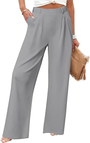 Friptspyg Palazzo Pantaloni Casual Donna da Tempo Libero Vita Elastica Pantaloni da Completo con Tasche, Grigio Chiaro M