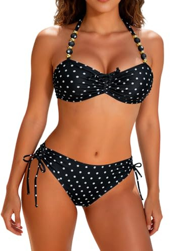 Rayson Bikini Mujer Push Up Halter Conjunto de Bikini Dos Piezas Traje de Baño Bañador Conjunto con Cordón Ajustable(Negro+Lunares,XL)