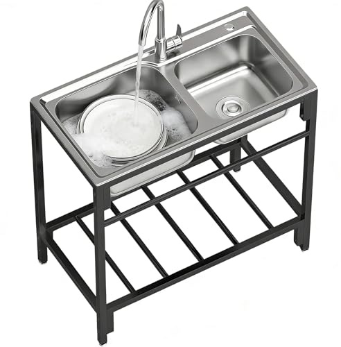 Lavandino Indipendente, Lavandino for Lavanderia in Acciaio Inossidabile con Supporto in Metallo Resistente, Rubinetto, Cestello di Scarico e Tubo Flessibile for Lavanderia, Garage, Cucina