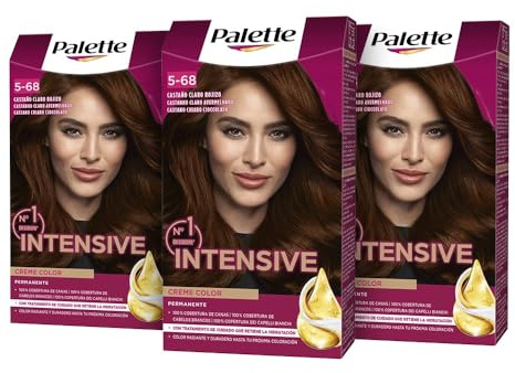 Palette Intensive Creme Color 5-68 Castaño Claro Rojizo, tinte permanente con aceite de macadamia y almendras, cubre el 100% de las canas y raíces, para un pelo radiante, Pack 3