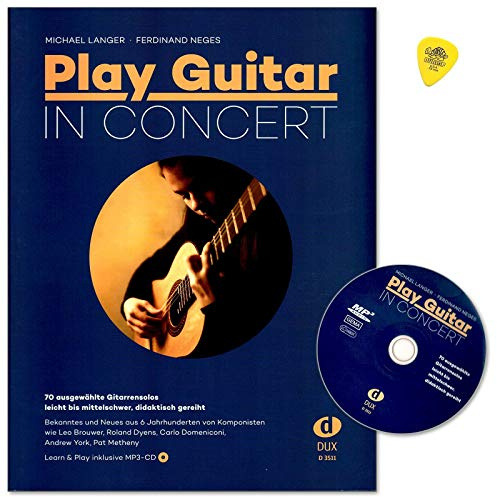 Play Guitar In Concert - Sélection de 70 solos de guitare - Niveau de difficulté : faible à modéré, ordre didactique - Livre de partitions avec CD et médiator Dunlop