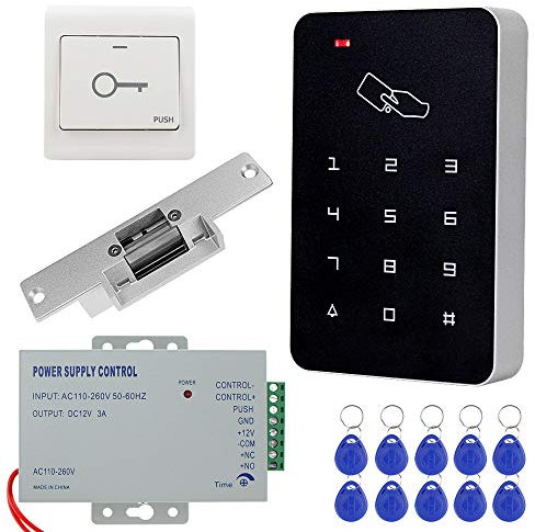 KDL Kit Complet de système de contrôle d'accès RFID Clavier Autonome avec Verrouillage de gâche électrique de Type NO, Alimentation DC12V / 3A, Interrupteur de Porte, 10pcs étiquettes de clé RFID