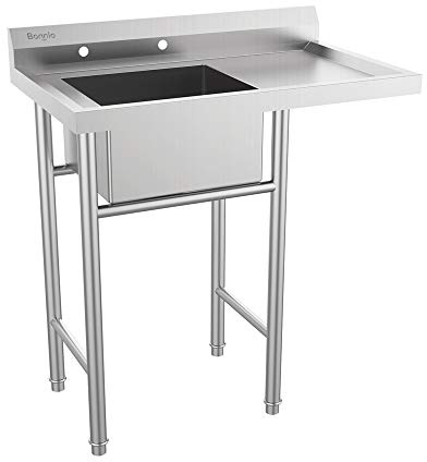 Bonnlo 304 Stainless Steel Utility Sink with Drainboard, One Compartment Workbench Sink Commercial Sink for Restaurant, Laundry Room, Backyard, Garages - Overall Size: 35.8 W x 21.3 D x 40.2 H