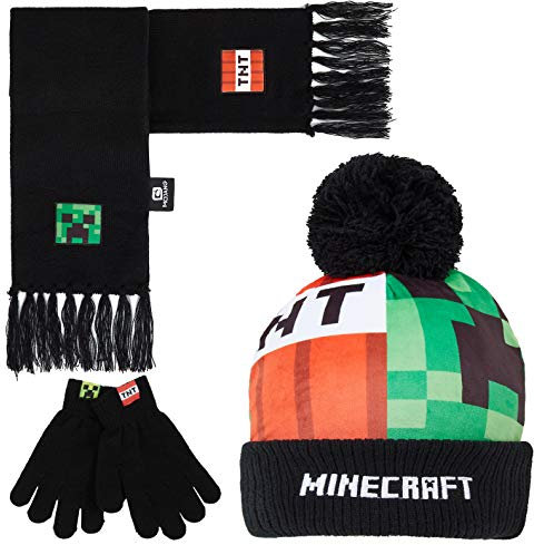 Minecraft Mütze Kinder Set mit Beanie & Handschuhe oder Winter Mütze, Handschuhe mit Schal, Creeper Geschenke für Jungen (4-12 Jahre, Grün/Rot Minecraft)
