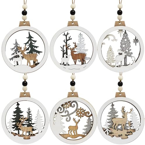 Joiedomi 6 Stück Weihnachtsornamente aus Holz, hängende Rentier-Ornamente für drinnen und draußen, Partydekoration, Baumschmuck, Veranstaltungen und Weihnachten