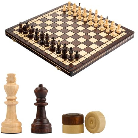 2in1 CAPABLANCA Schach und Dame Spiel | Master of Chess | Schachbrett Holz Hochwertig 40 cm | Reise Schach Spiel für 100 Felder und Dame Spielsteine
