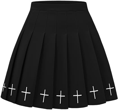 DINGJIUYAN Punk Cross Print Dark Mini Skirts Chain Belt Black Uniform Pleated Skirt