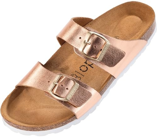 Palado Pantoletten Damen Samos - elegante Sandalen Made in Spain - bequeme Hausschuhe mit dämpfendem Kork-Fußbett - modische Sommerschuhe Metallic Rosegold UK6 - EU39