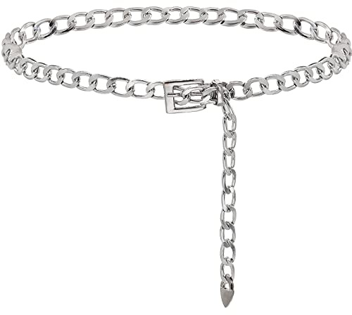 HIQUACC Punk rock metall tjock midja kedja bälte spänne typ smycken magkedja för kvinnor, Silver 1, S: 35.4 in/90 cm