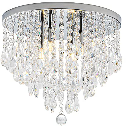 NSRCE 4-Light Crystal Chandeliers Flush Mount, 14 Inches Bedroom Close to Ceiling Lamp, Modern G9 Base Ceiling Light Fixture for Dining Room, Bedroom, Bathroom, Living Room, Closet (Chrome)