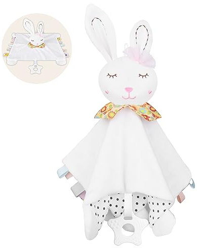 Vicloon Security Blanket, Comforter Blanket with Colorful Satin Tags, Sleeping, Infant Toddler Cuddle Snuggle Blankets for Nursery Strollers, Cots, Cribs - White Rabbit