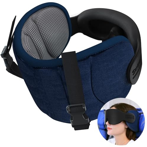 SARISUN Resekudde för Flyg med Sittrem, Stabilt Huvudstöd | Huvudband för flyg med Sovmask, 360° Huvudstöd, mot nickande huvud, för långa flyg och bilresor, fläckig grå